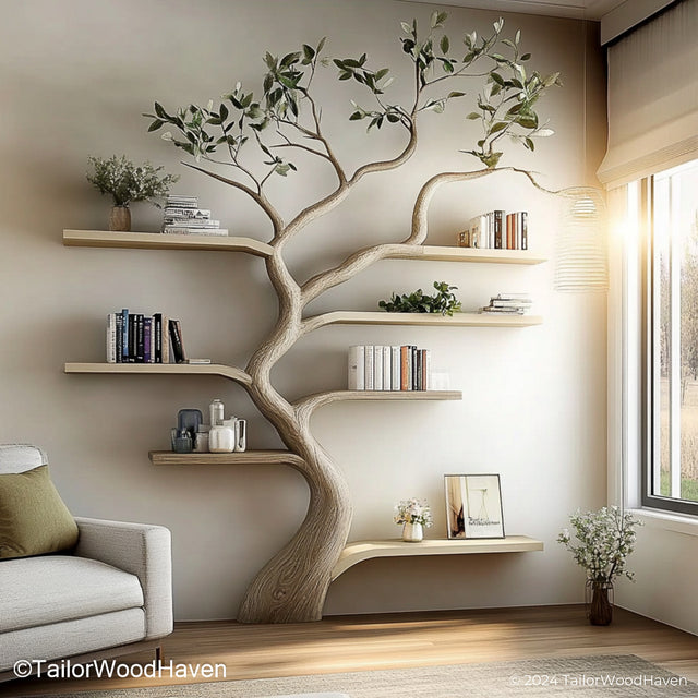Sculptural Driftwood Tree Bookshelf Artistic Wall Bookshelf Carved from Real Driftwood and Designed Like a Tree