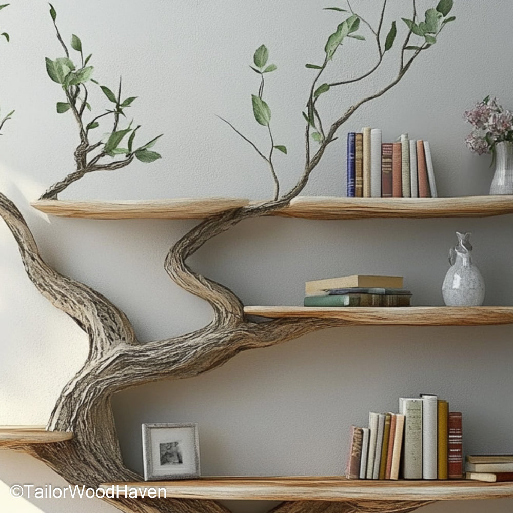 Artisan Tree Style Bookshelf Wooden Wall Mounted Shelf in Unique Tree Design for Rustic and Boho Interiors