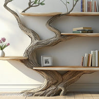 Artisan Tree Style Bookshelf Wooden Wall Mounted Shelf in Unique Tree Design for Rustic and Boho Interiors