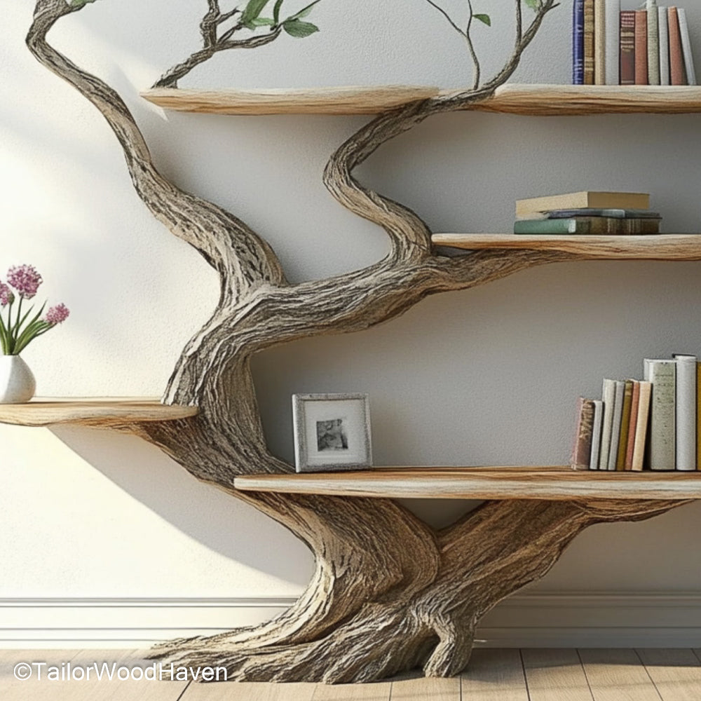 Artisan Tree Style Bookshelf Wooden Wall Mounted Shelf in Unique Tree Design for Rustic and Boho Interiors