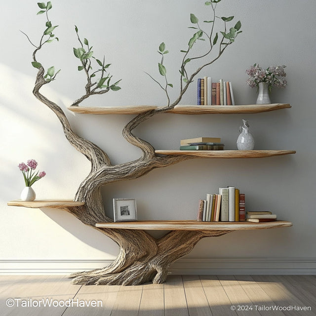 Artisan Tree Style Bookshelf Wooden Wall Mounted Shelf in Unique Tree Design for Rustic and Boho Interiors