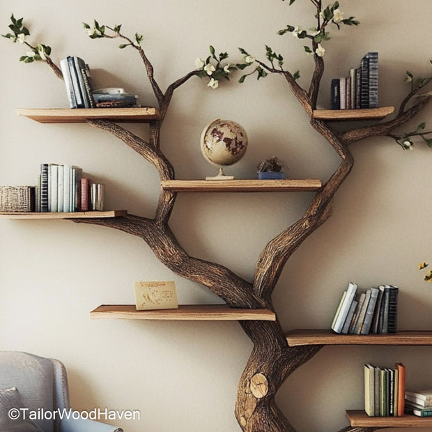 Custom Tree Shelf Design Wall Mounted Natural Wooden Bookshelf with Artistic Tree Pattern