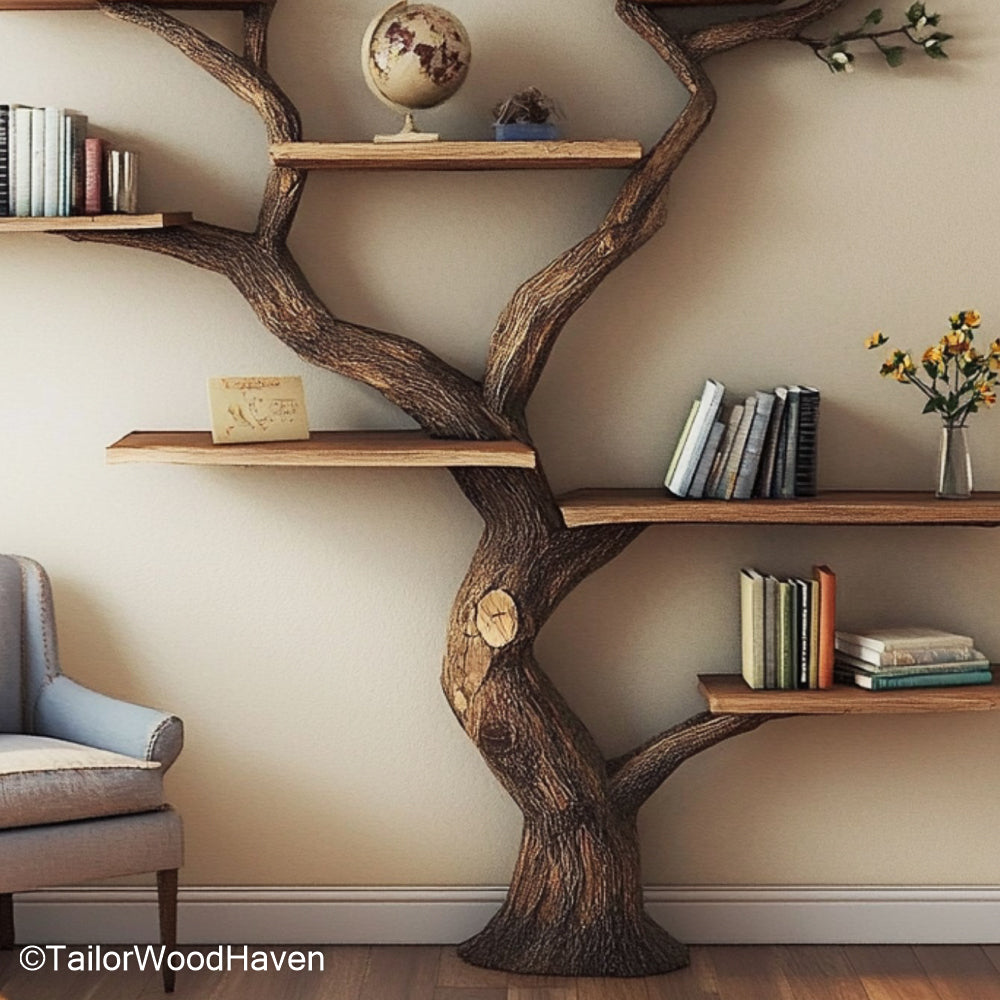 Custom Tree Shelf Design Wall Mounted Natural Wooden Bookshelf with Artistic Tree Pattern