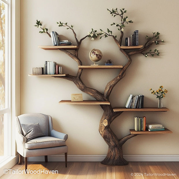 Custom Tree Shelf Design Wall Mounted Natural Wooden Bookshelf with Artistic Tree Pattern