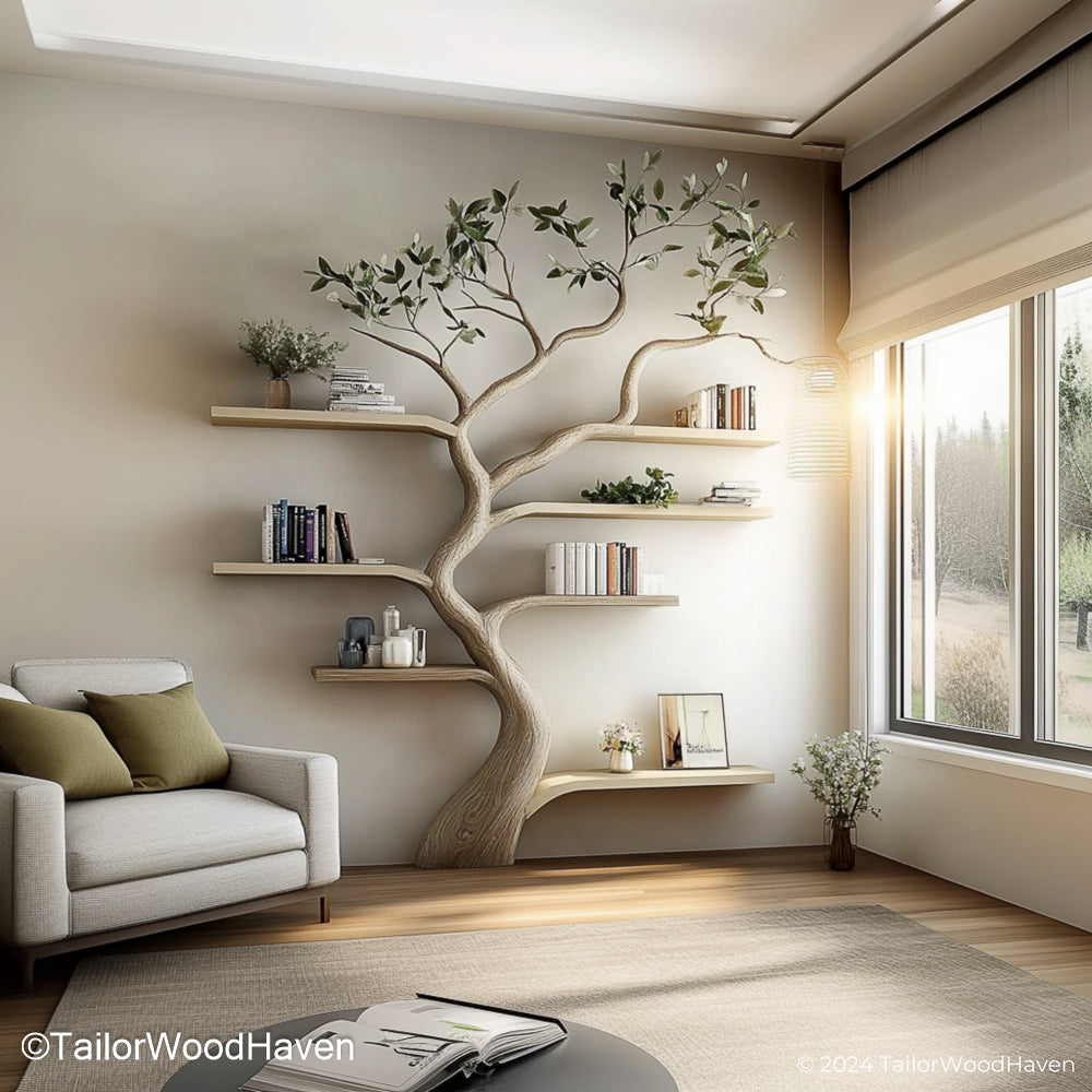 Sculptural Driftwood Tree Bookshelf Artistic Wall Bookshelf Carved from Real Driftwood and Designed Like a Tree