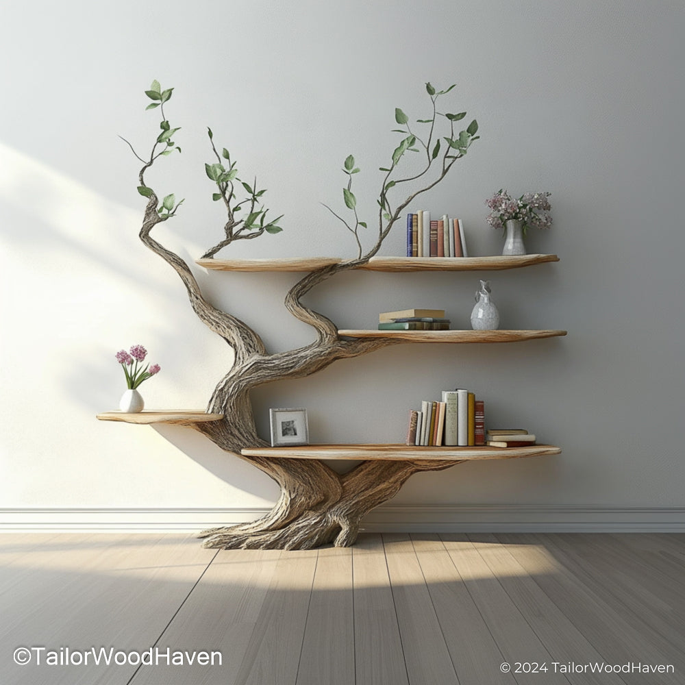 Artisan Tree Style Bookshelf Wooden Wall Mounted Shelf in Unique Tree Design for Rustic and Boho Interiors
