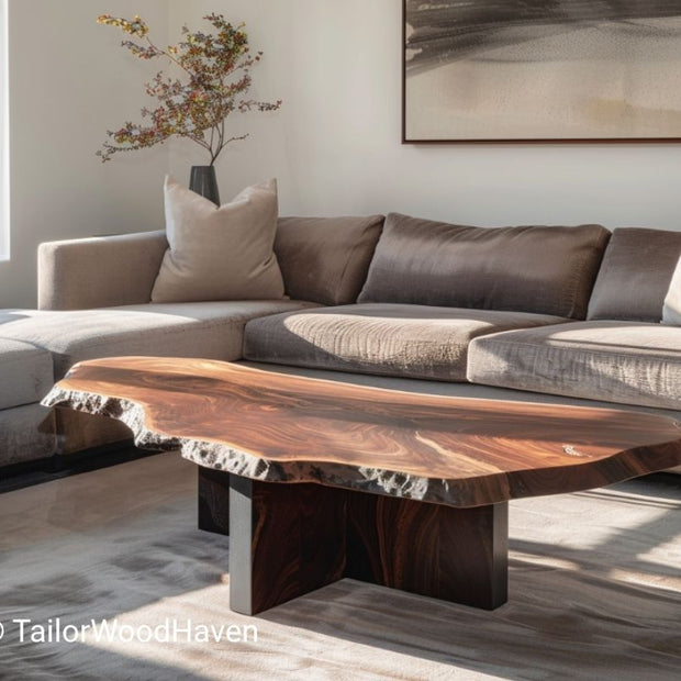 Rustic Live Edge Walnut Coffee Table with Solid Wood Slab Legs