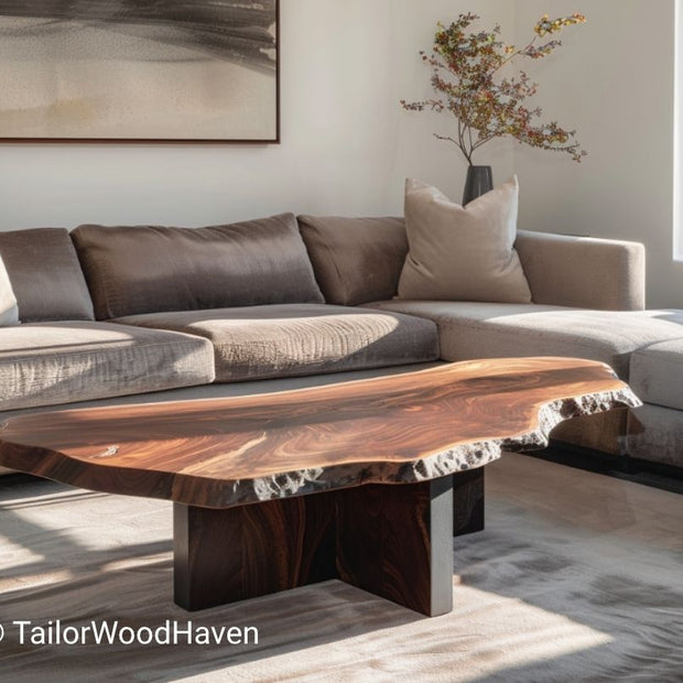Rustic Live Edge Walnut Coffee Table with Solid Wood Slab Legs