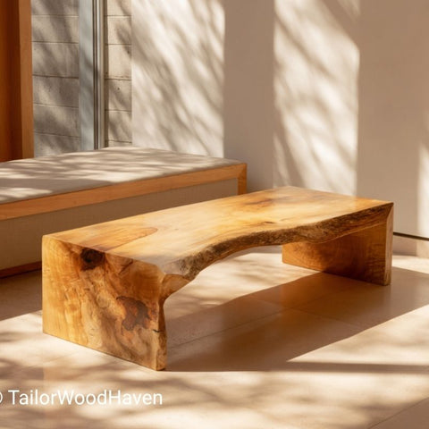 Rustic live edge waterfall coffee table in solid wood, in a sunlit room
