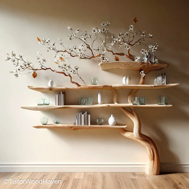 Tree Shaped Shelf Decorative Wooden Wall or Standing Shelf Styled Like a Tree for Artistic Storage Solutions