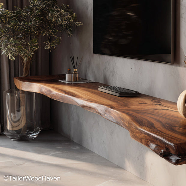 Wooden floating shelf under tv crafted from thick hardwood with wall mount design and clean surface, ideal for media storage below flat screens