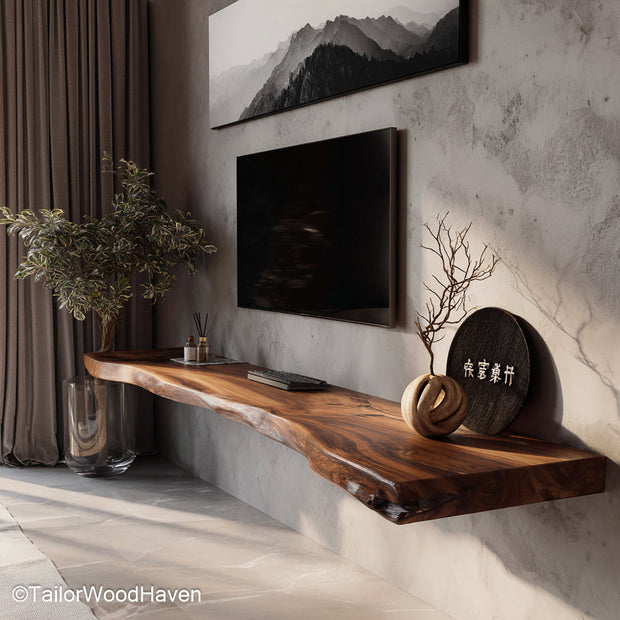 Wooden floating shelf under tv crafted from thick hardwood with wall mount design and clean surface, ideal for media storage below flat screens