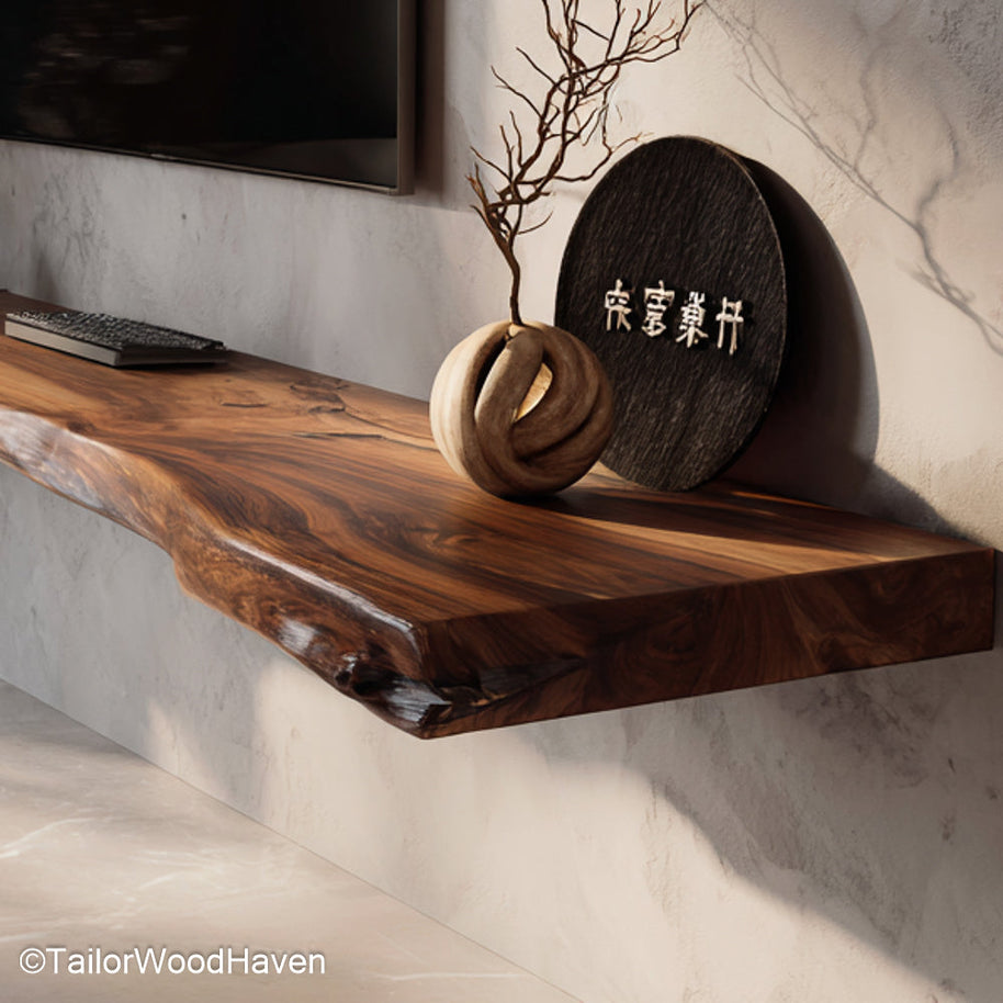 Wooden floating shelf under tv crafted from thick hardwood with wall mount design and clean surface, ideal for media storage below flat screens