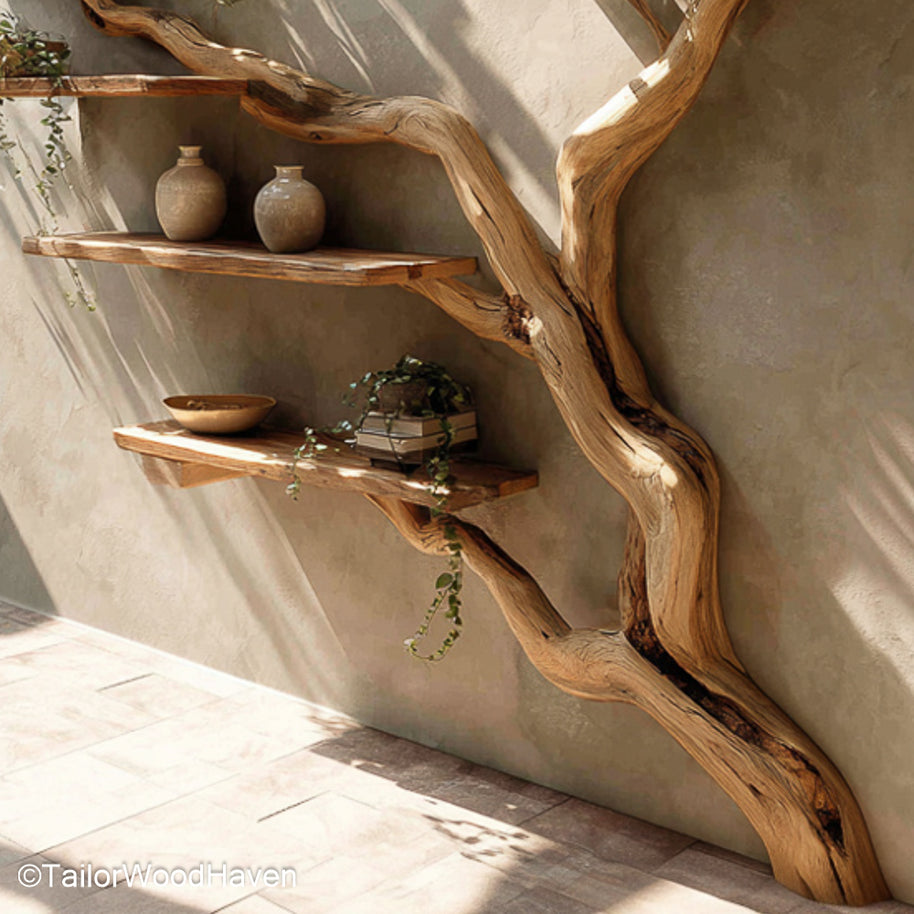 Wall Mounted Bookshelf Tree Design Rustic Handmade Wooden Bookshelf with Artistic Tree Shaped Structure