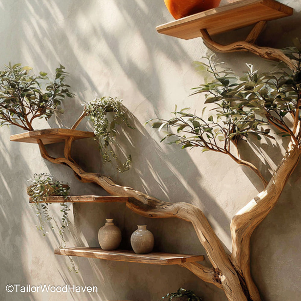 Wall Mounted Bookshelf Tree Design Rustic Handmade Wooden Bookshelf with Artistic Tree Shaped Structure