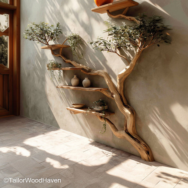 Wall Mounted Bookshelf Tree Design Rustic Handmade Wooden Bookshelf with Artistic Tree Shaped Structure