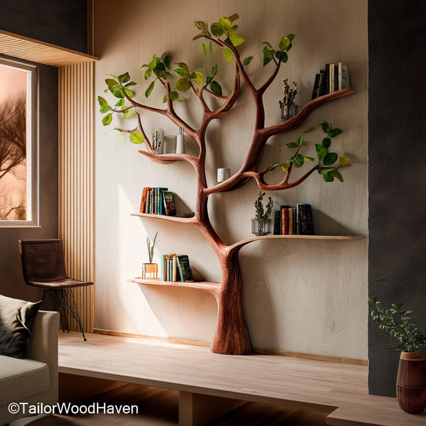 Standing Tree Like Bookshelf Freestanding Wooden Bookshelf with Organic Tree Branch Design for Nature Inspired Interiors
