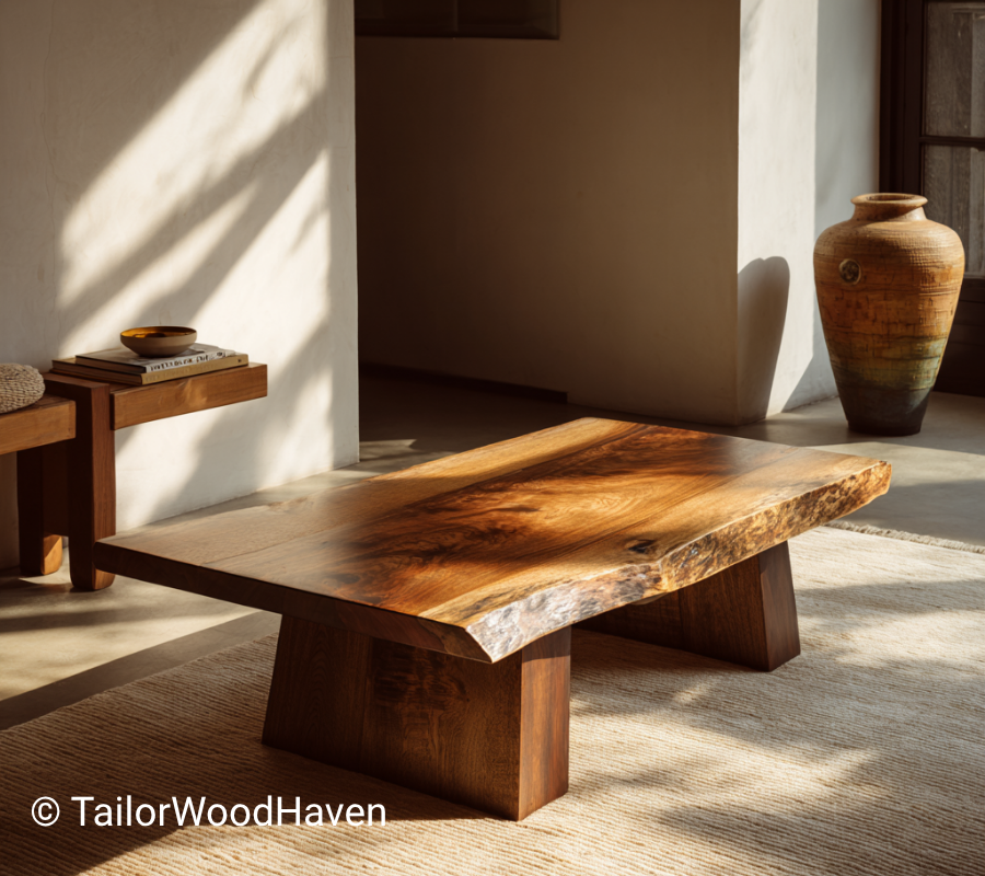 Walnut Live Edge Coffee Table with Block Pedestal Legs