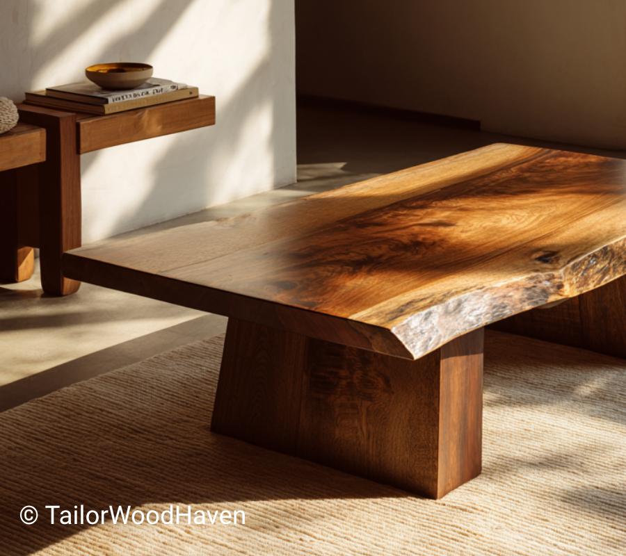 Walnut Live Edge Coffee Table with Block Pedestal Legs