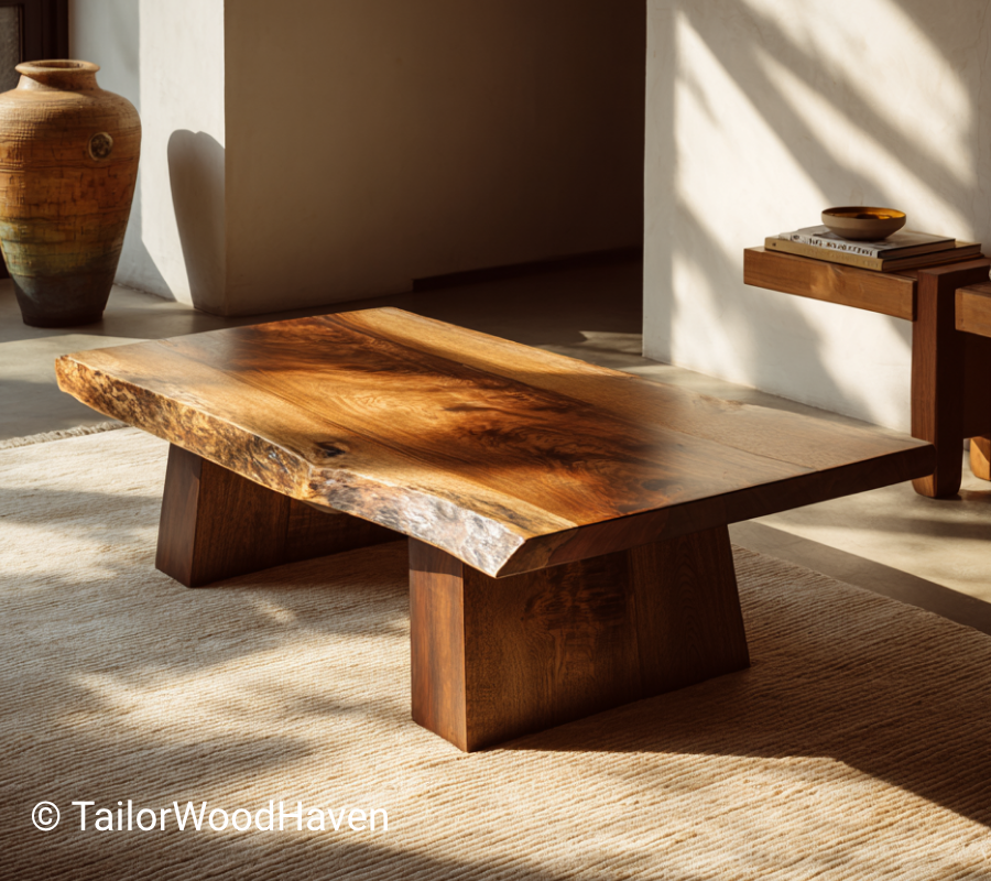Walnut Live Edge Coffee Table with Block Pedestal Legs