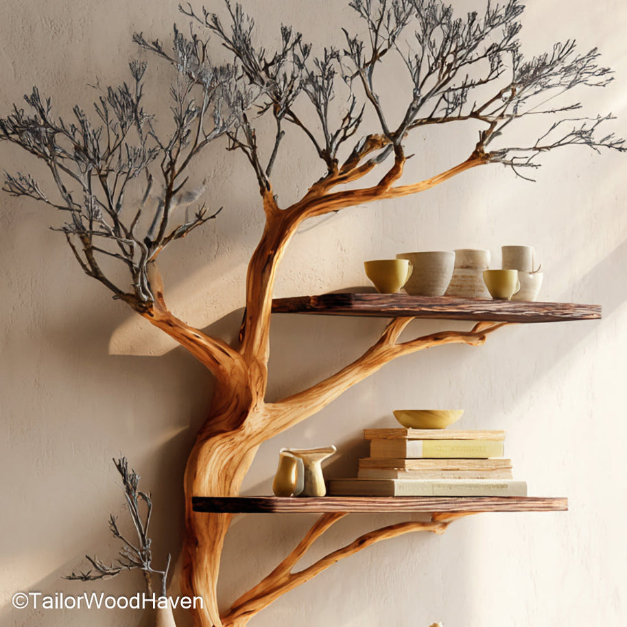 Tree Floating Shelves Wall Mounted Wooden Tree Shelves for Minimalist, Rustic, or Artistic Storage Displays