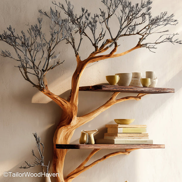 Tree Floating Shelves Wall Mounted Wooden Tree Shelves for Minimalist, Rustic, or Artistic Storage Displays