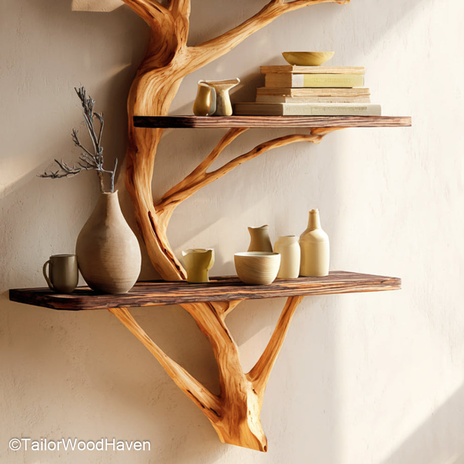 Tree Floating Shelves Wall Mounted Wooden Tree Shelves for Minimalist, Rustic, or Artistic Storage Displays