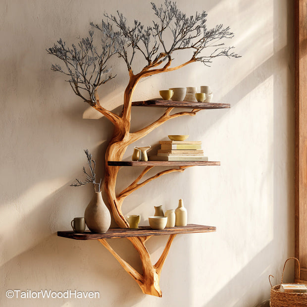 Tree Floating Shelves Wall Mounted Wooden Tree Shelves for Minimalist, Rustic, or Artistic Storage Displays