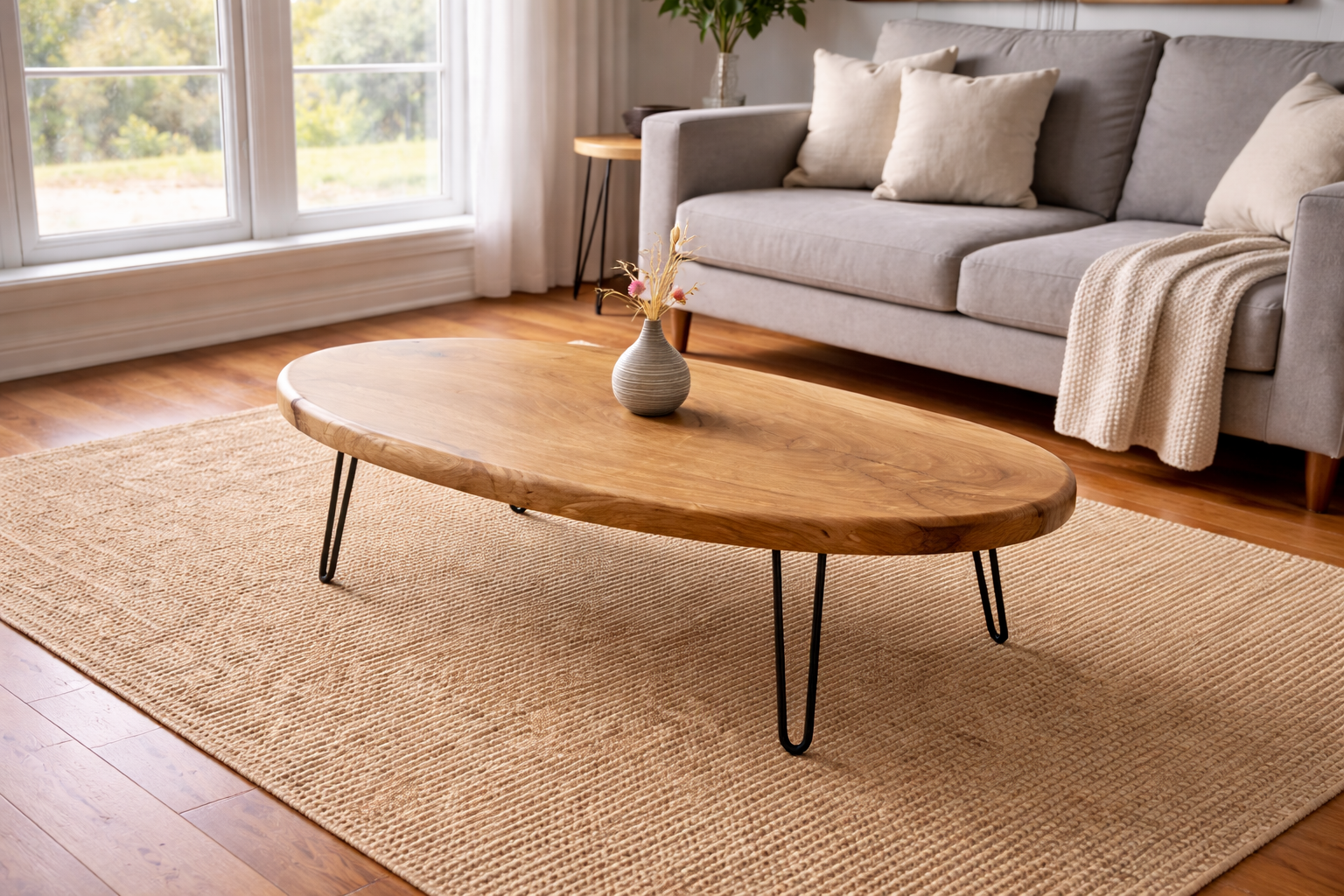 Traditional oval coffee table in solid wood with smooth surface and classic design