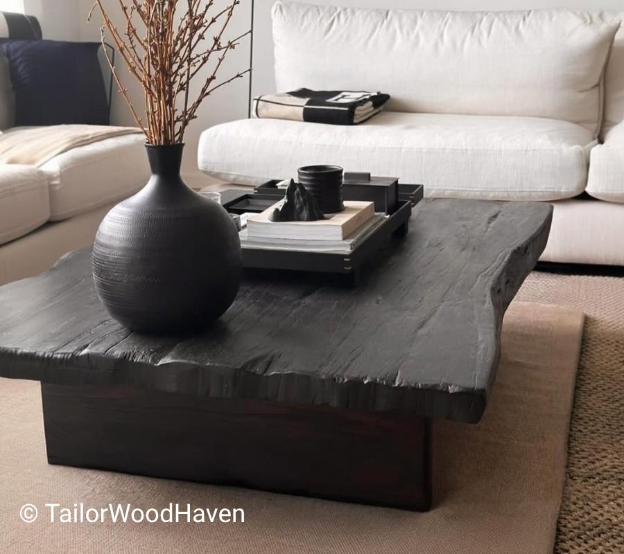 Black Rustic Coffee Table with Natural Edge Top