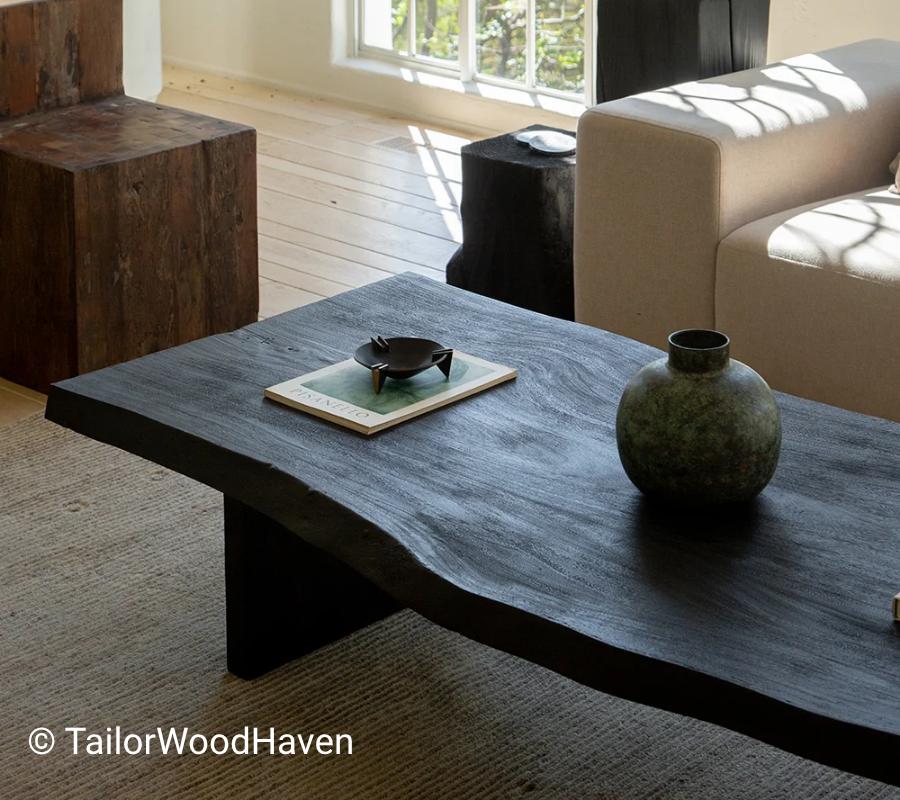 Black Rustic Coffee Table with Natural Edge Top