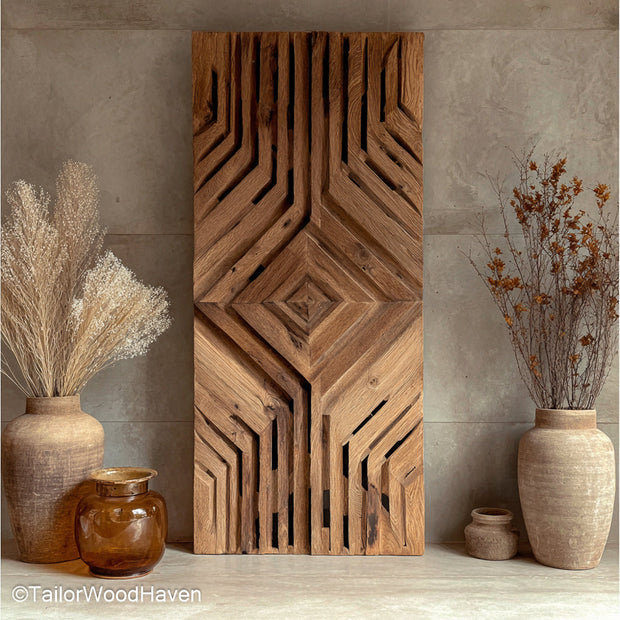 Carved wood wall decor in traditional or modern styles, handcrafted in hardwood. Carved wood wall decor enhances natural or rustic themed home interiors.