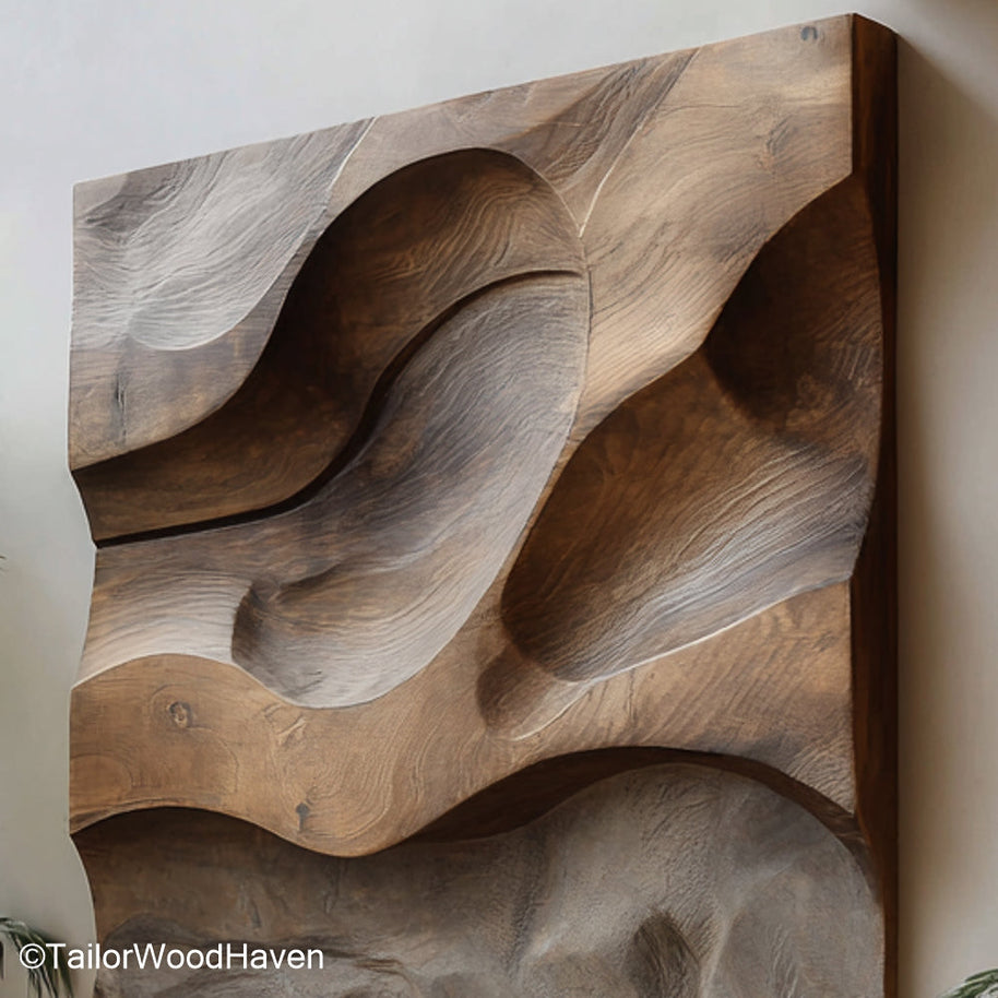 Wood Hanging Wall Decor in natural solid wood with carved textures, ideal for accenting rustic interiors or adding warmth to modern spaces