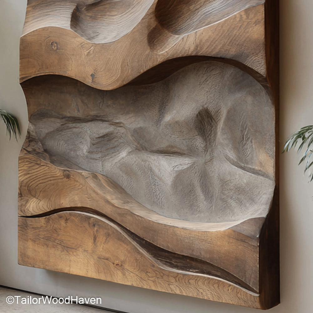 Wood Hanging Wall Decor in natural solid wood with carved textures, ideal for accenting rustic interiors or adding warmth to modern spaces