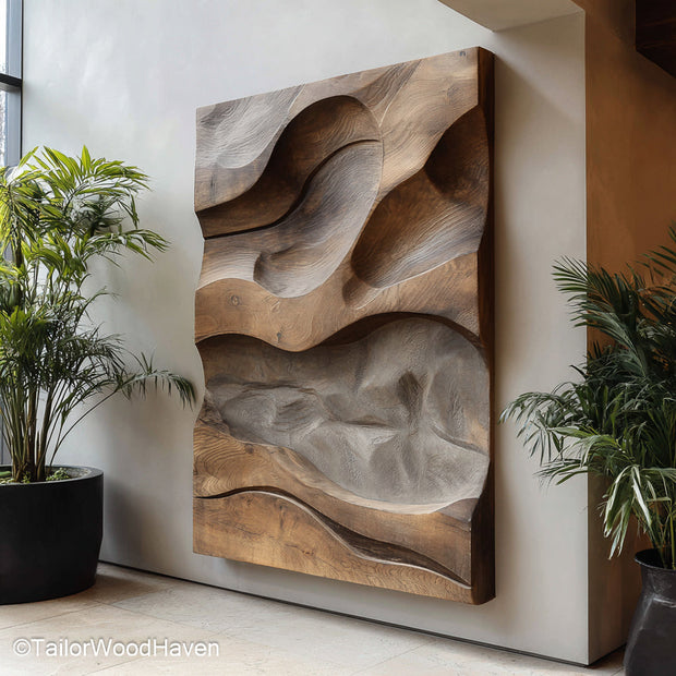Wood Hanging Wall Decor in natural solid wood with carved textures, ideal for accenting rustic interiors or adding warmth to modern spaces