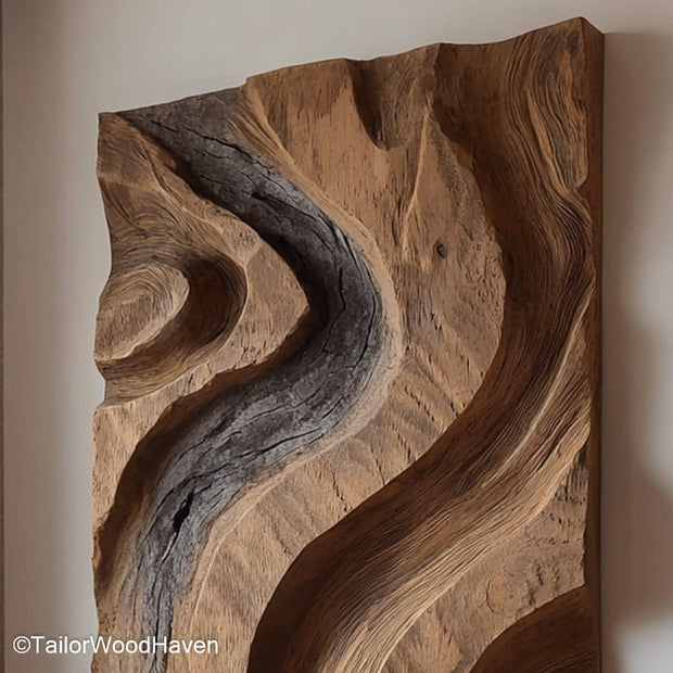 Wood Art Decor made from natural hardwood with carved detailing and rustic finish, suitable for living rooms, offices, or hallway wall enhancement