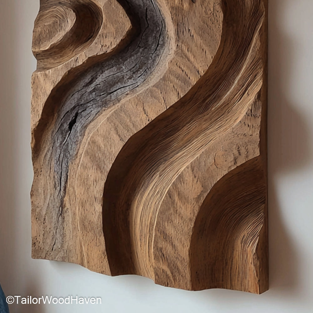 Wood Art Decor made from natural hardwood with carved detailing and rustic finish, suitable for living rooms, offices, or hallway wall enhancement