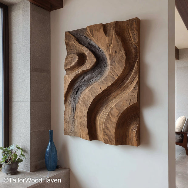Wood Art Decor made from natural hardwood with carved detailing and rustic finish, suitable for living rooms, offices, or hallway wall enhancement