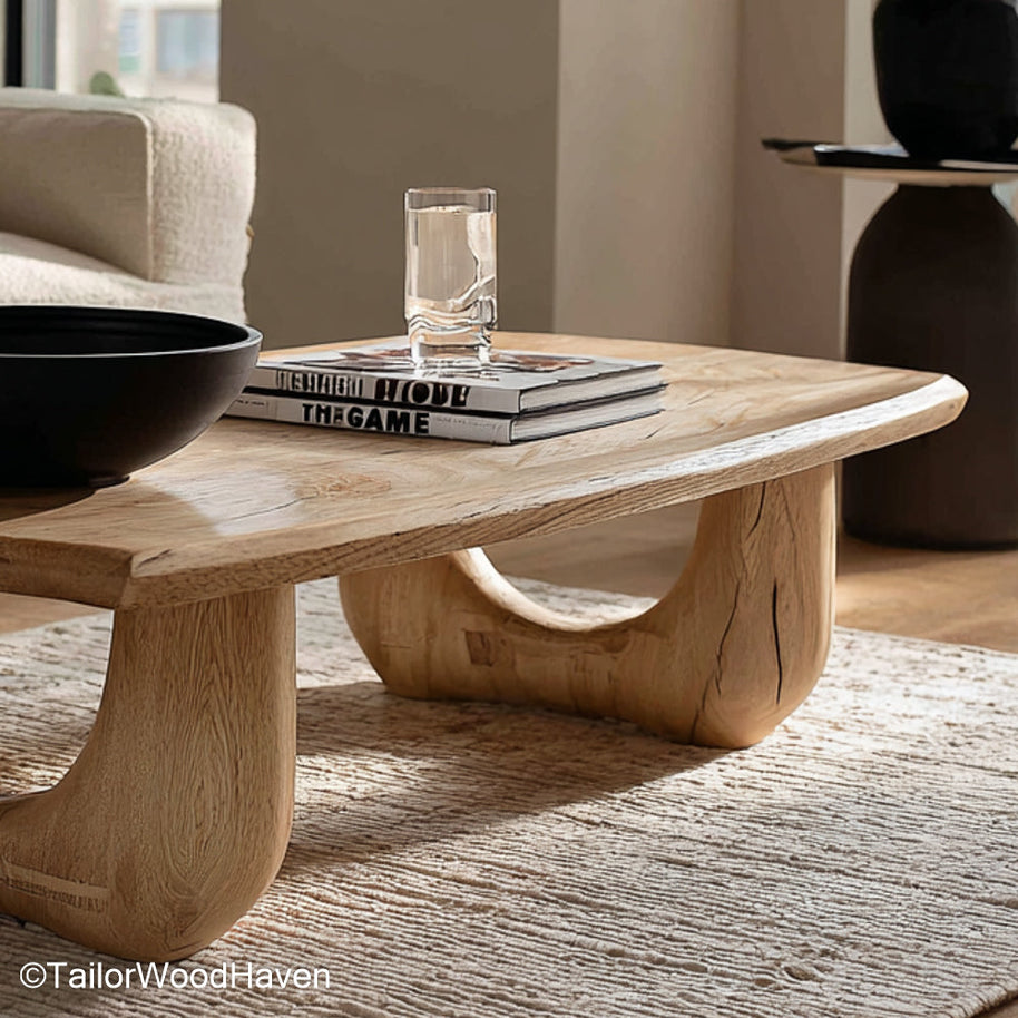 Rounded Edge Coffee Table Natural Wood Coffee Table with Smoothed, Rounded Live Edge for Organic and Modern Spaces