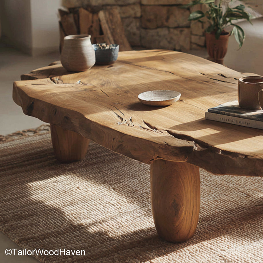 Raw Edge Wood Coffee Table Rustic Coffee Table Made from Solid Wood with Raw Live Edge for Organic Room Styling