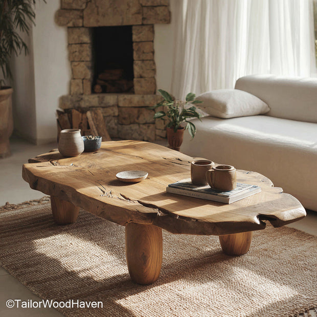 Raw Edge Wood Coffee Table Rustic Coffee Table Made from Solid Wood with Raw Live Edge for Organic Room Styling