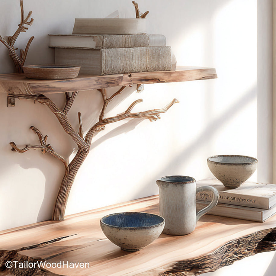 Wall Mounted Night Table featuring a floating wooden surface with hidden brackets, designed to elevate bedroom storage in a sleek natural form