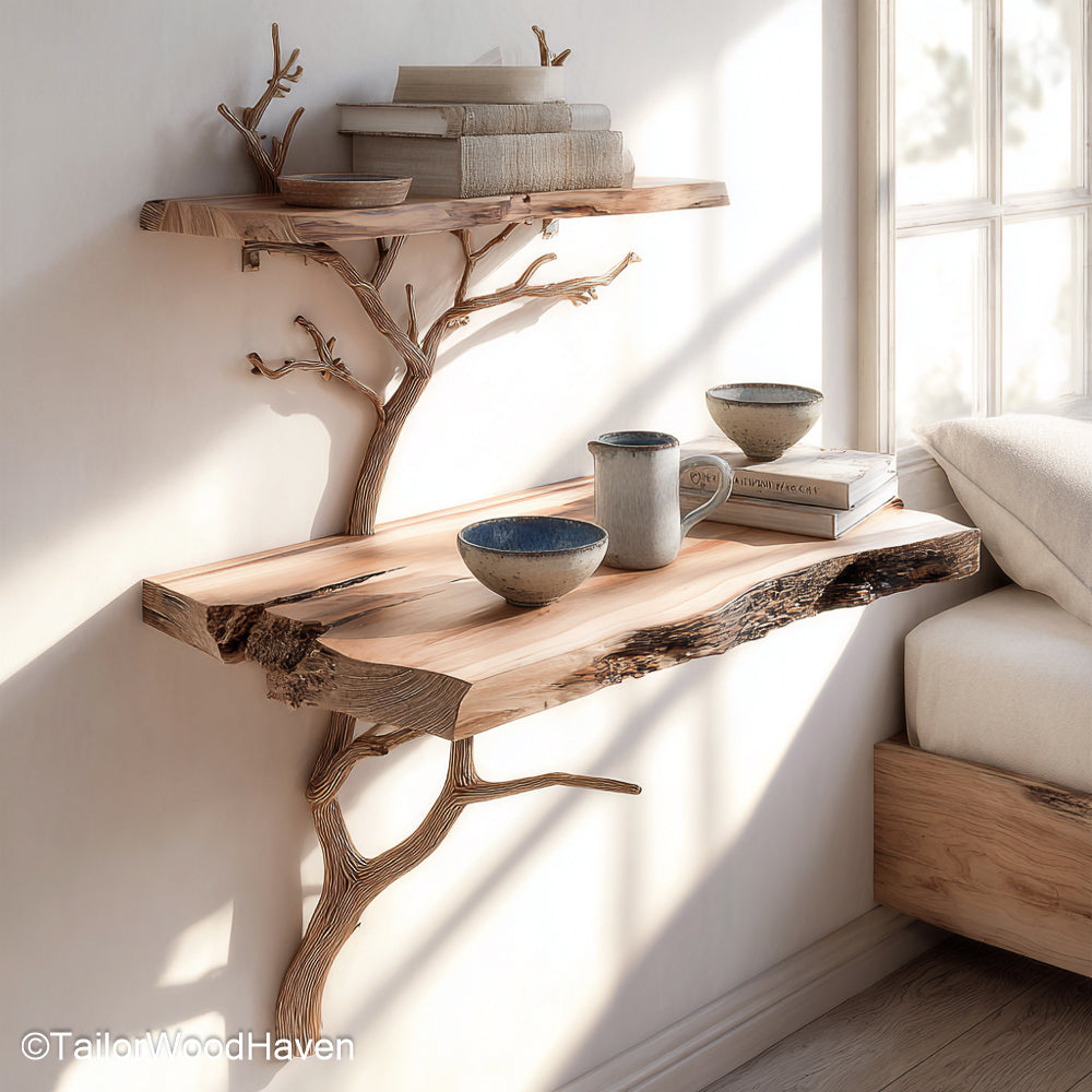 Wall Mounted Night Table featuring a floating wooden surface with hidden brackets, designed to elevate bedroom storage in a sleek natural form