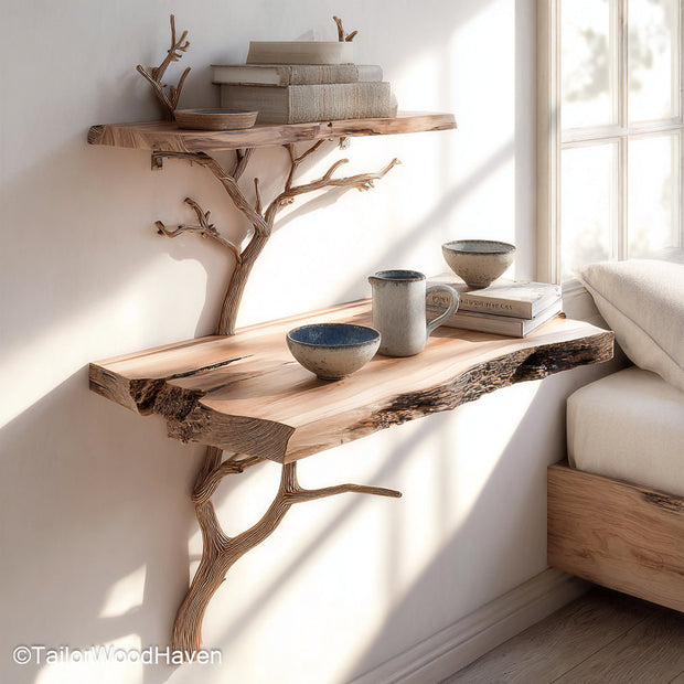 Wall Mounted Night Table featuring a floating wooden surface with hidden brackets, designed to elevate bedroom storage in a sleek natural form