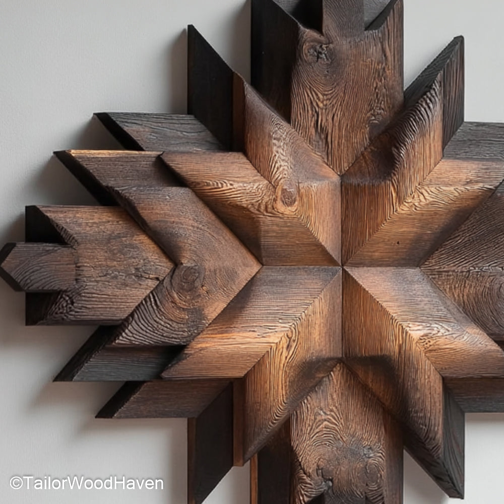Mosaic Wood Art composed of hand cut wood tiles with varied grain and tone, designed to bring dimension and texture to contemporary or boho wall displays