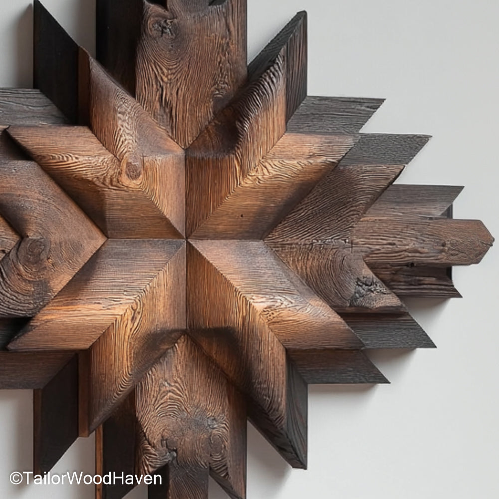 Mosaic Wood Art composed of hand cut wood tiles with varied grain and tone, designed to bring dimension and texture to contemporary or boho wall displays