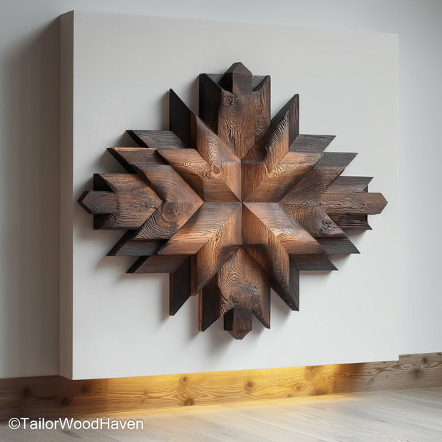 Mosaic Wood Art composed of hand cut wood tiles with varied grain and tone, designed to bring dimension and texture to contemporary or boho wall displays
