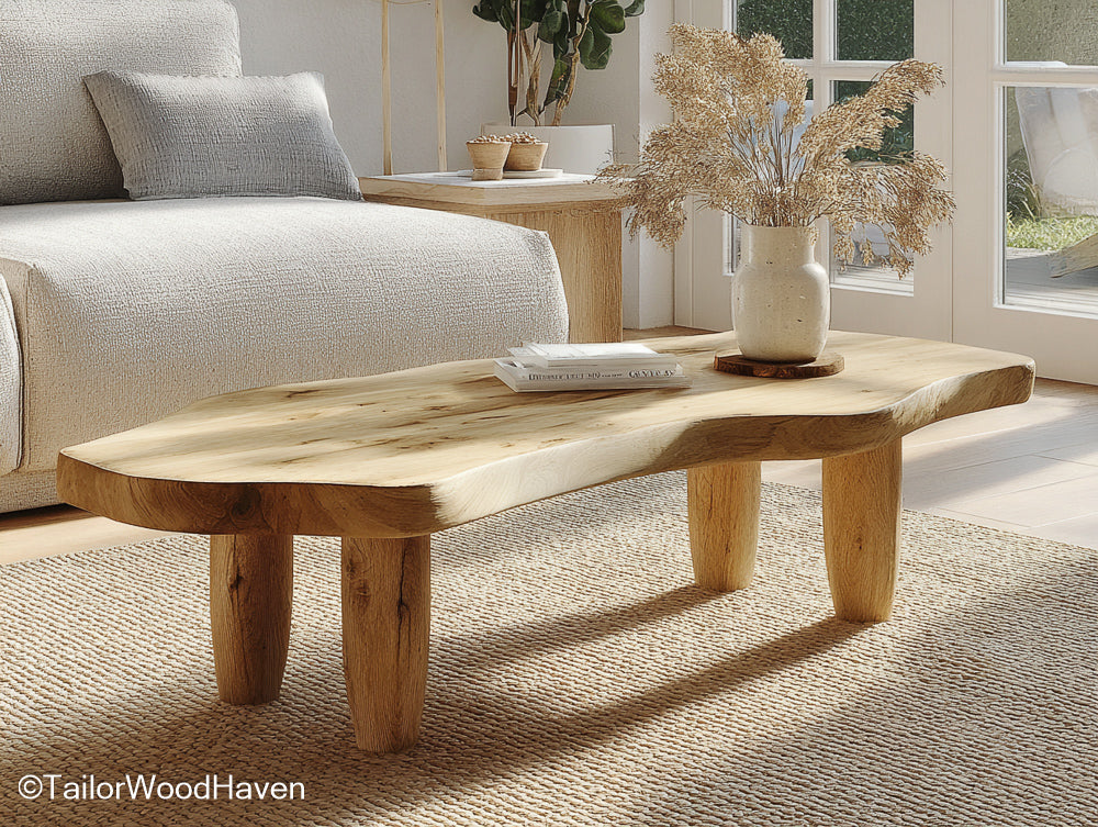 Live Edge Coffee Table Slab Coffee Table Made from a Single Wood Slab Featuring Live Edge Grain and Texture