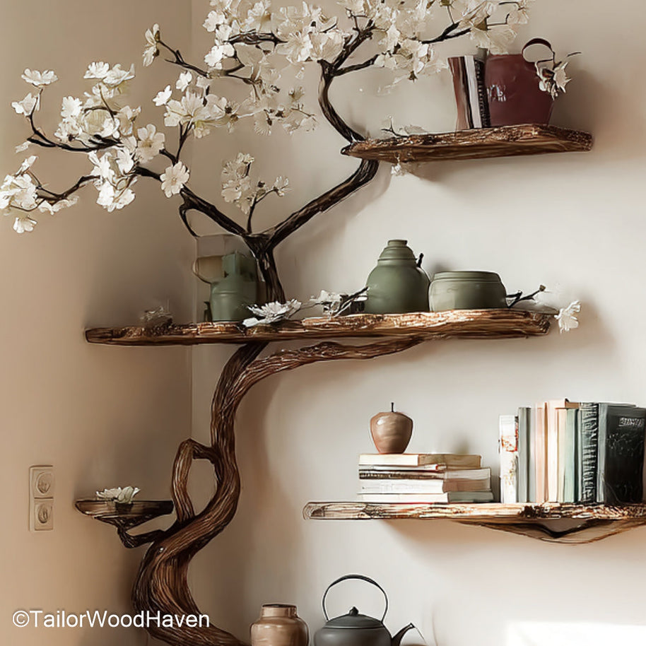 Tree Trunk Corner Shelves Rustic Wooden Corner Bookshelf with Solid Tree Trunk Design for Cozy, Nature Inspired Spaces