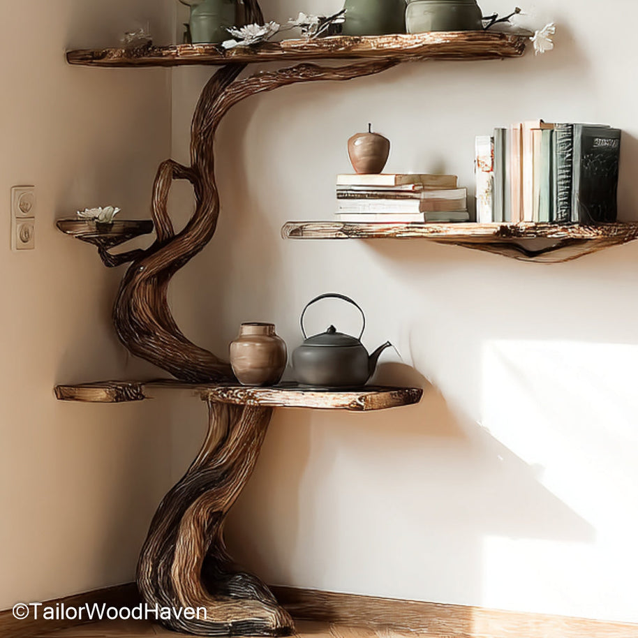 Tree Trunk Corner Shelves Rustic Wooden Corner Bookshelf with Solid Tree Trunk Design for Cozy, Nature Inspired Spaces
